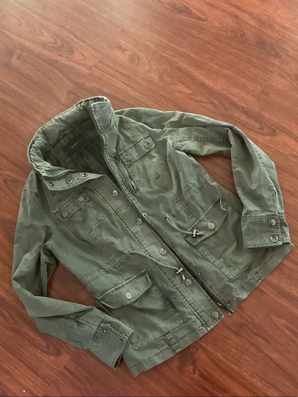 blanc noir Olive Green Utility Jacket w Drawstring Waist & zippered hidden hood